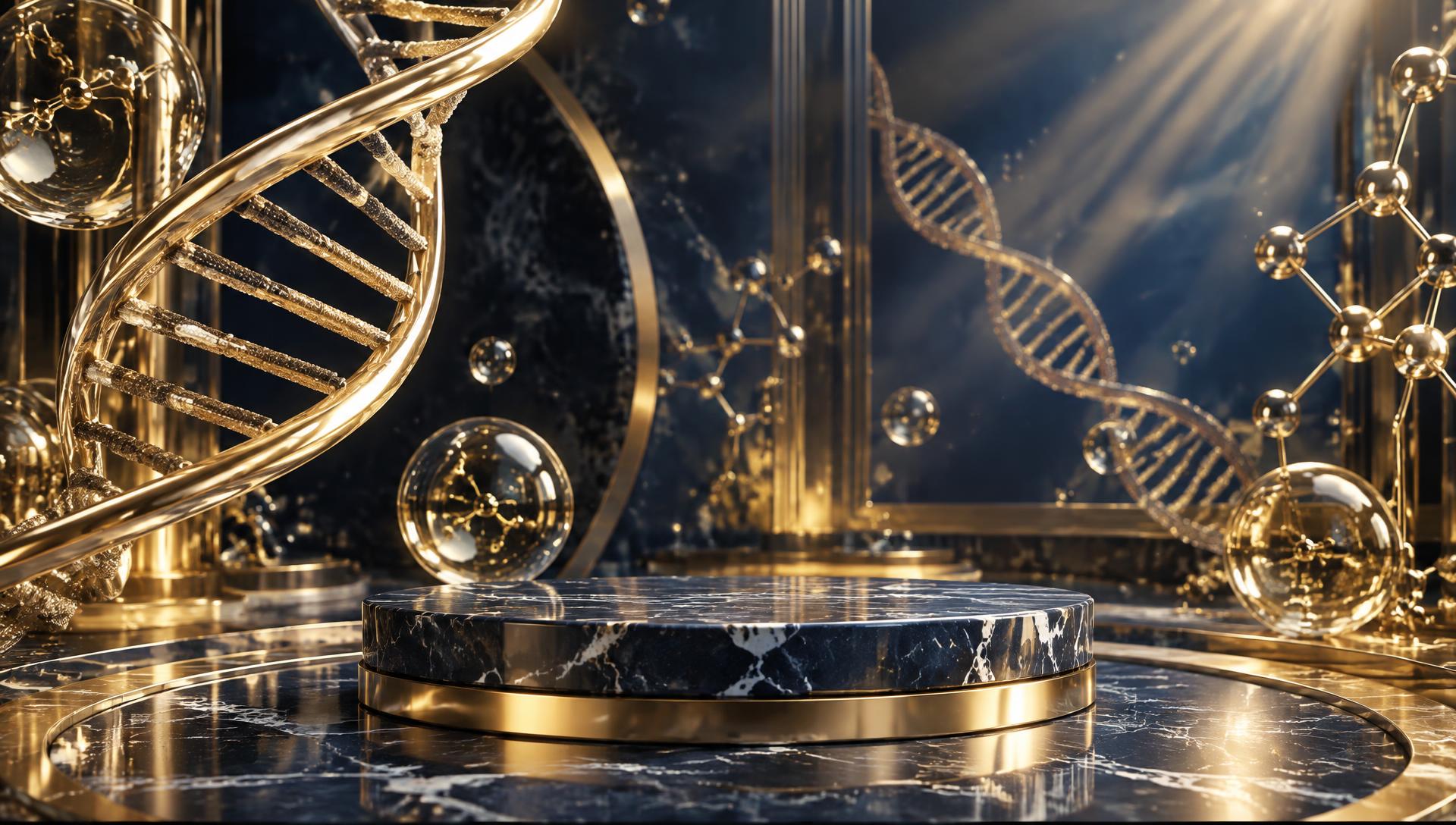Polished gold molecular structures on dark marble